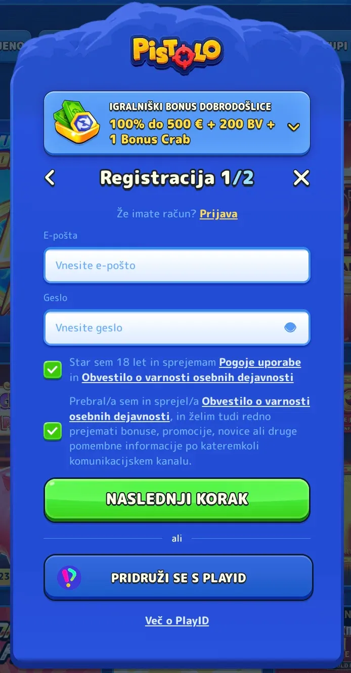 Registracija v Pistolo casino